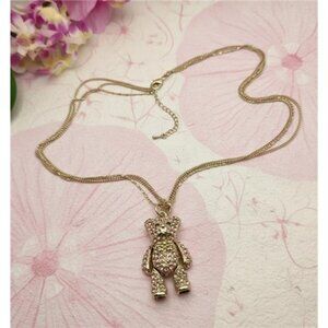 Bear Pendant Articulated Rhinestone Pave Necklace Gold Tone 3 Strand 20" Adj. CN